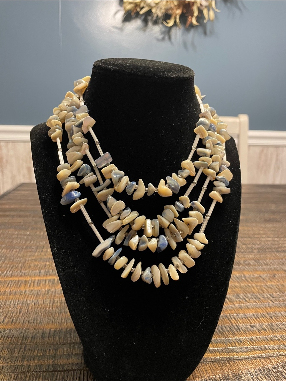 Layered Mother of Pearl Beige and Blue Natural Polished Stone Necklace